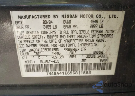 2005 Nissan Maxima 3.5 Se z USA, uszkodzony, nr VIN 1N4BA41E65C811563